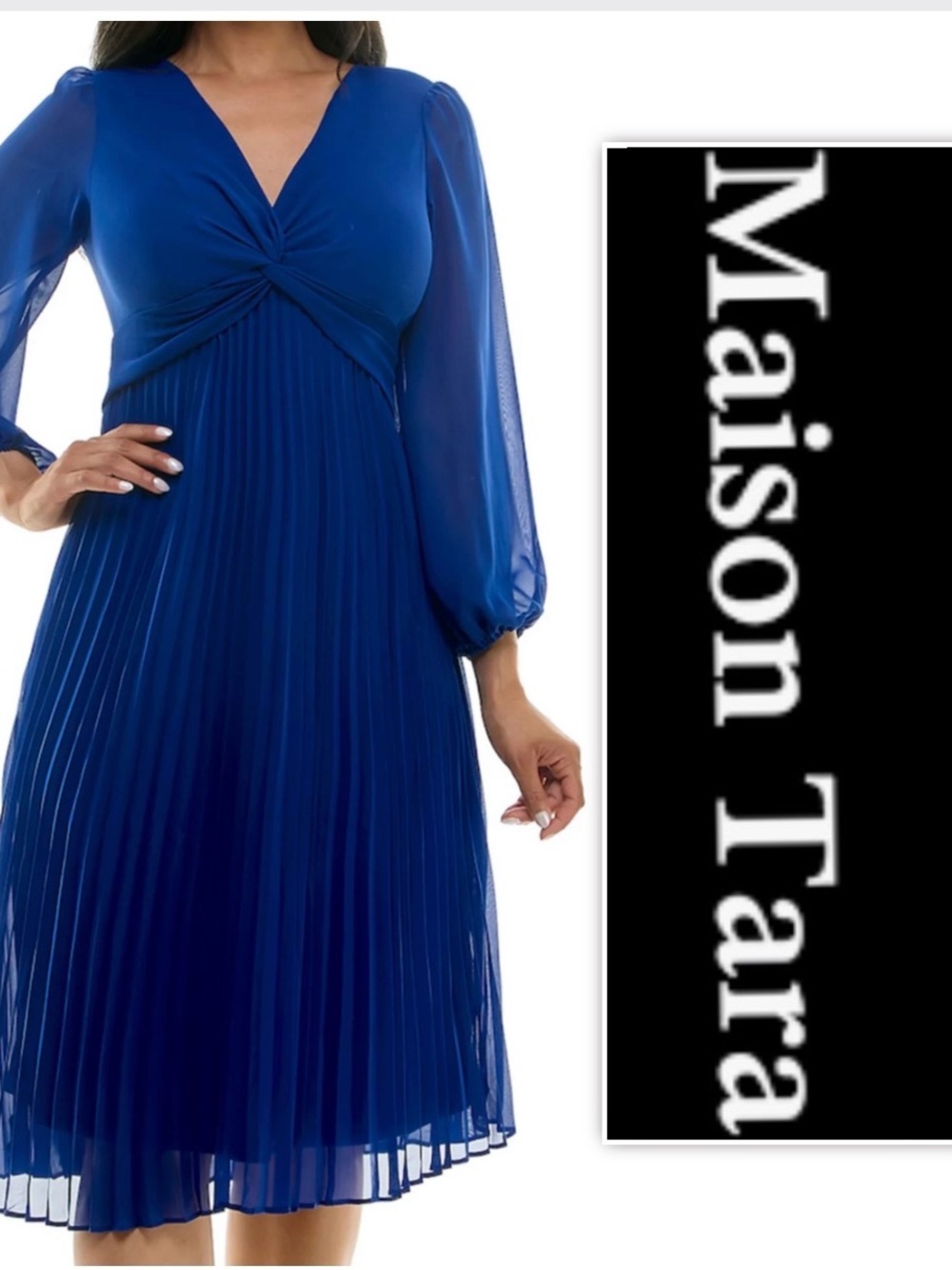 Maison Tara Knot Bodice Sheer Sleeve Pleated Dress